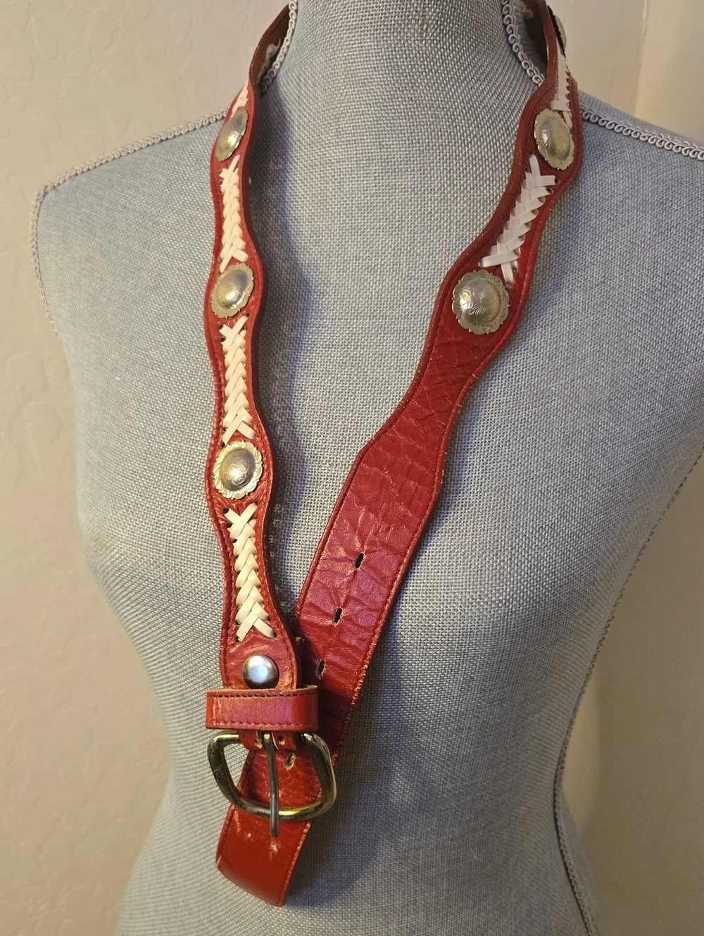 Women's Red Leather Decorative Belt with Silver Conchos